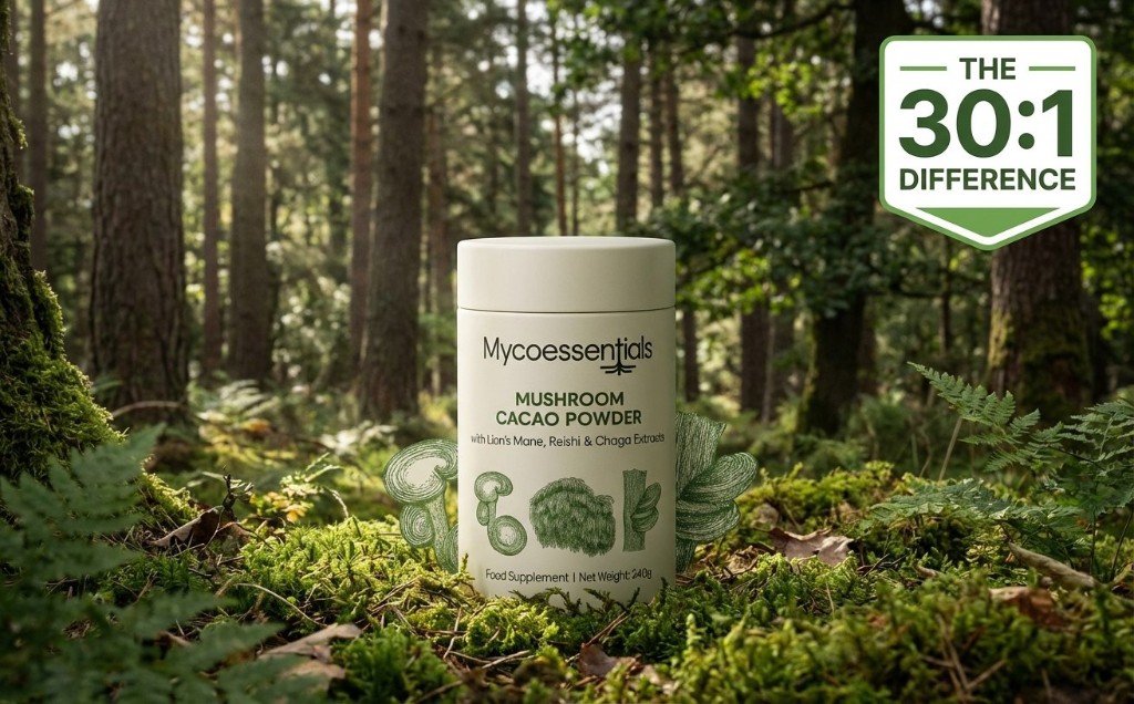 MycoEssentials Mushroom Cacao Powder tub in a forest setting with The 30:1 Difference badge—concentrated Lion's Mane, Reishi, and Chaga extracts