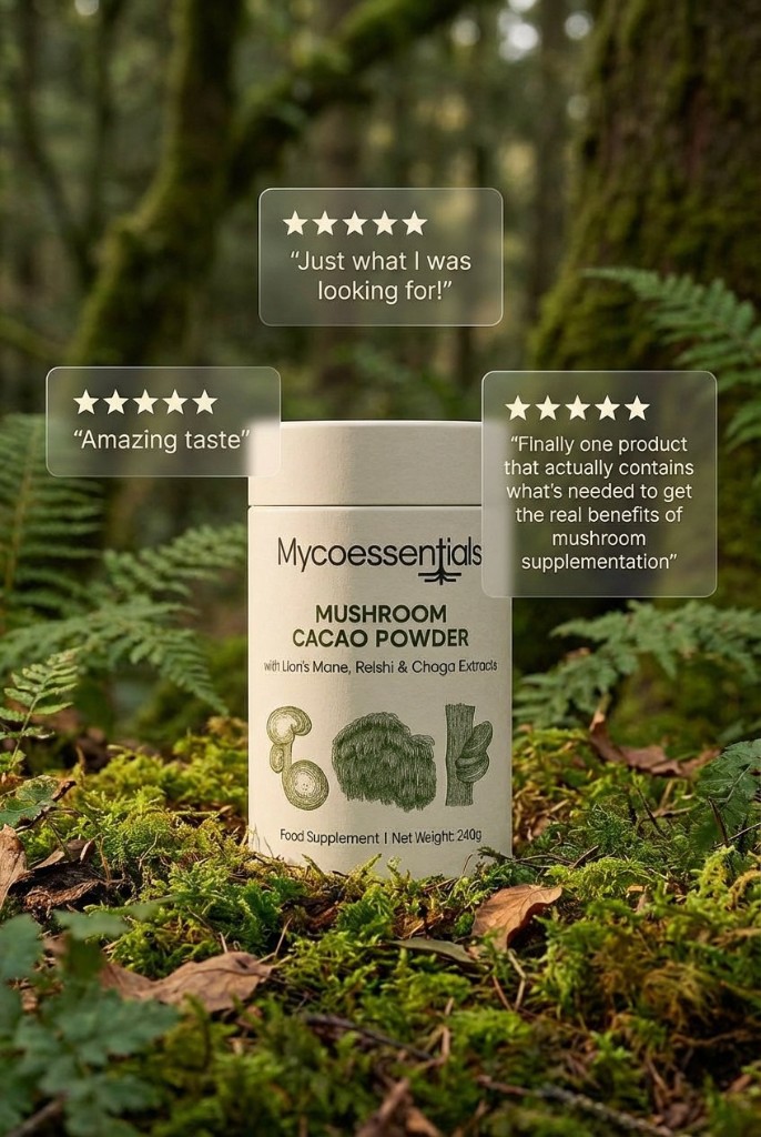 MycoEssentials Mushroom Cacao Powder with customer quotes: great taste, exactly what I was looking for, and real mushroom benefits